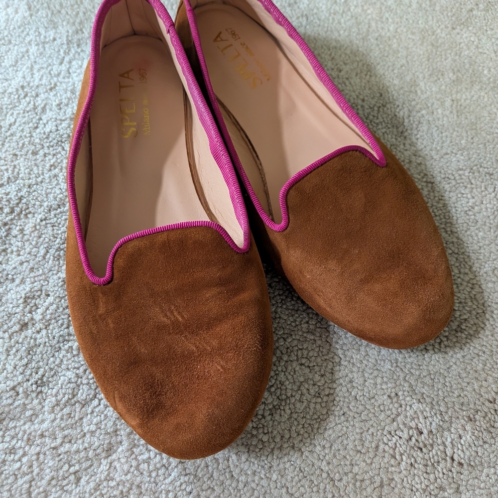 Suede Brown Flats with Pink Trim - Women's Slip-On Loafers